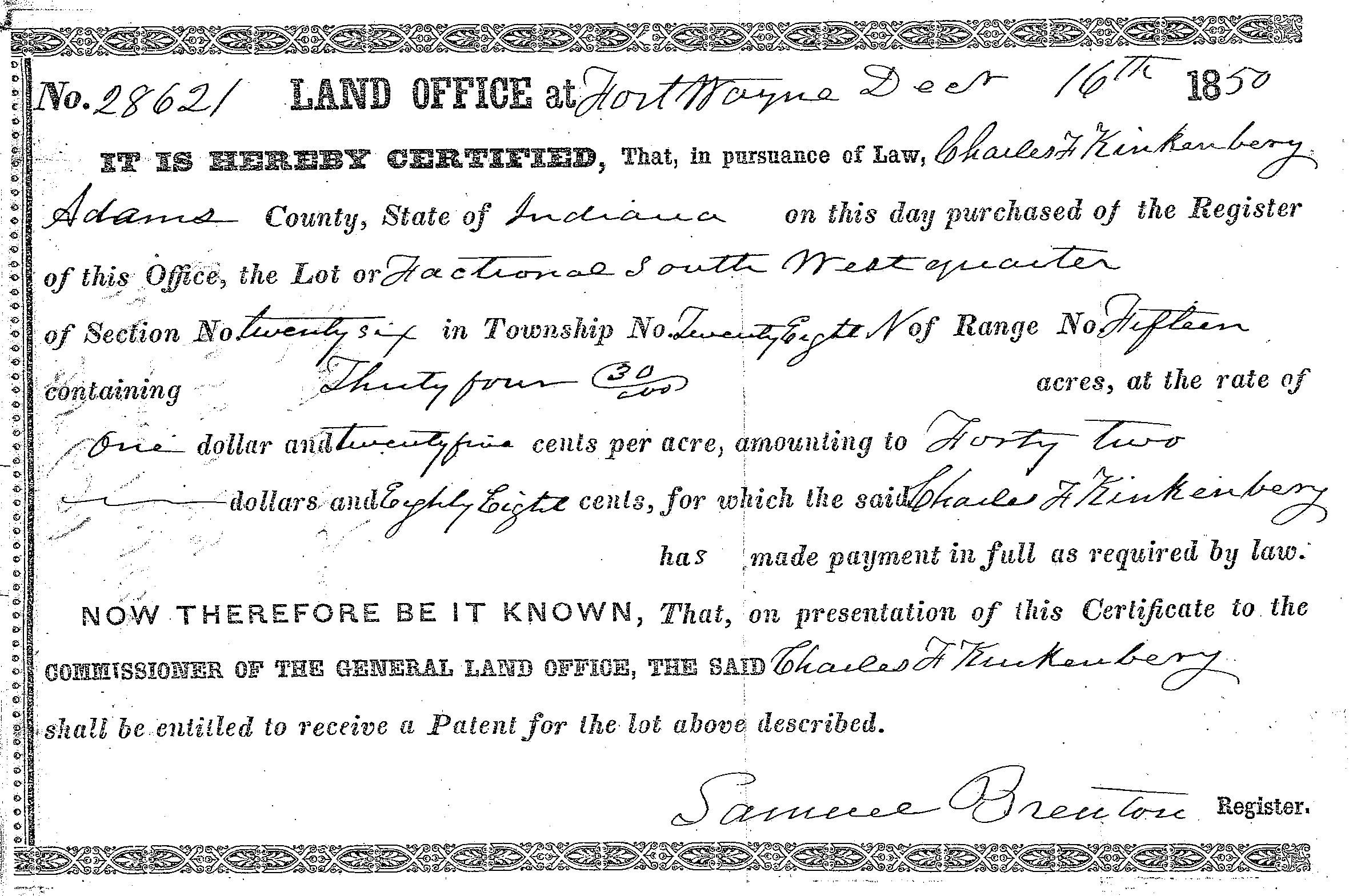 charles f kinkenberry land entry file glo certificate from register frontside