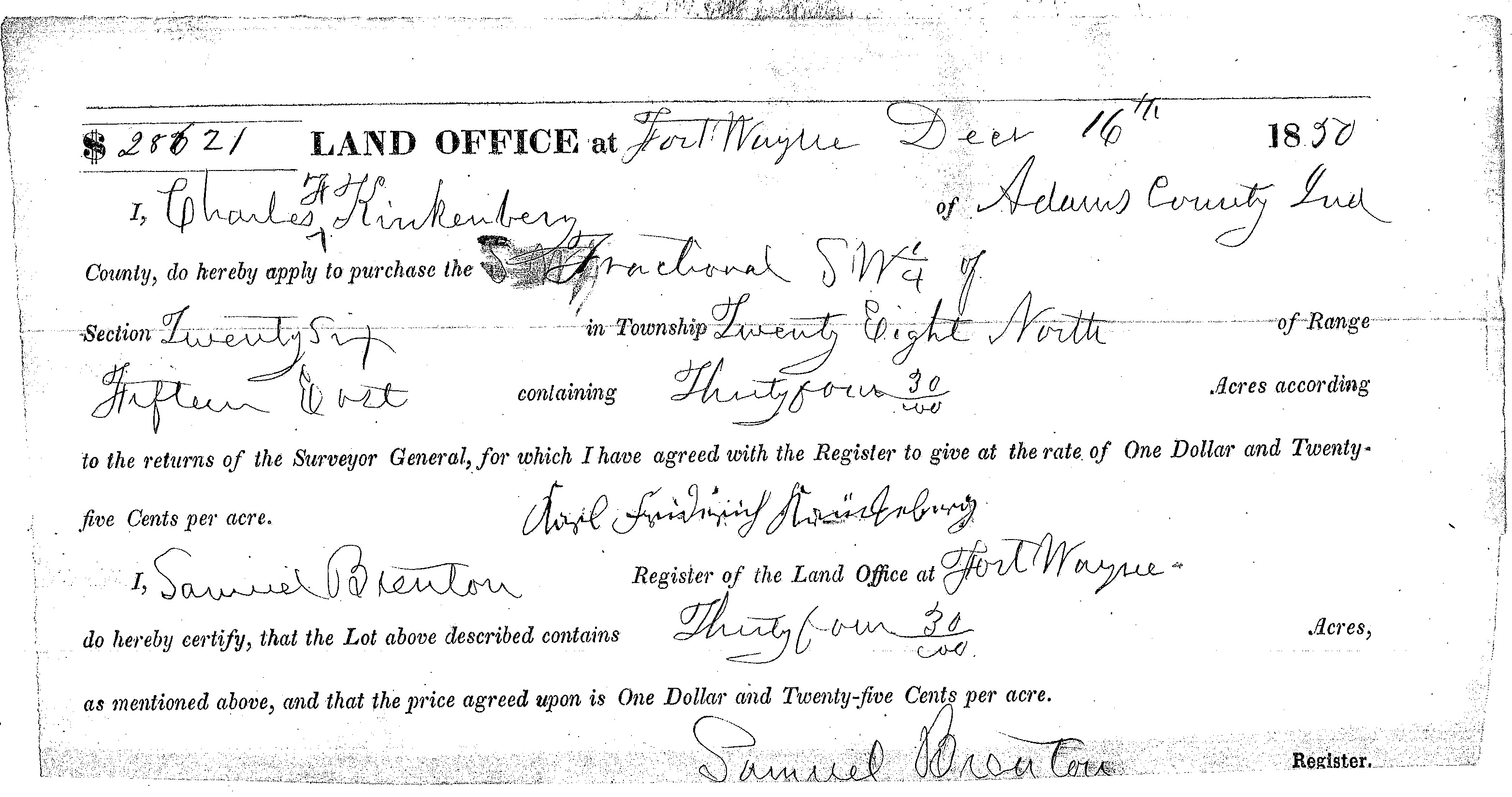 charles f kinkenberry land entry file glo land patent application and payment