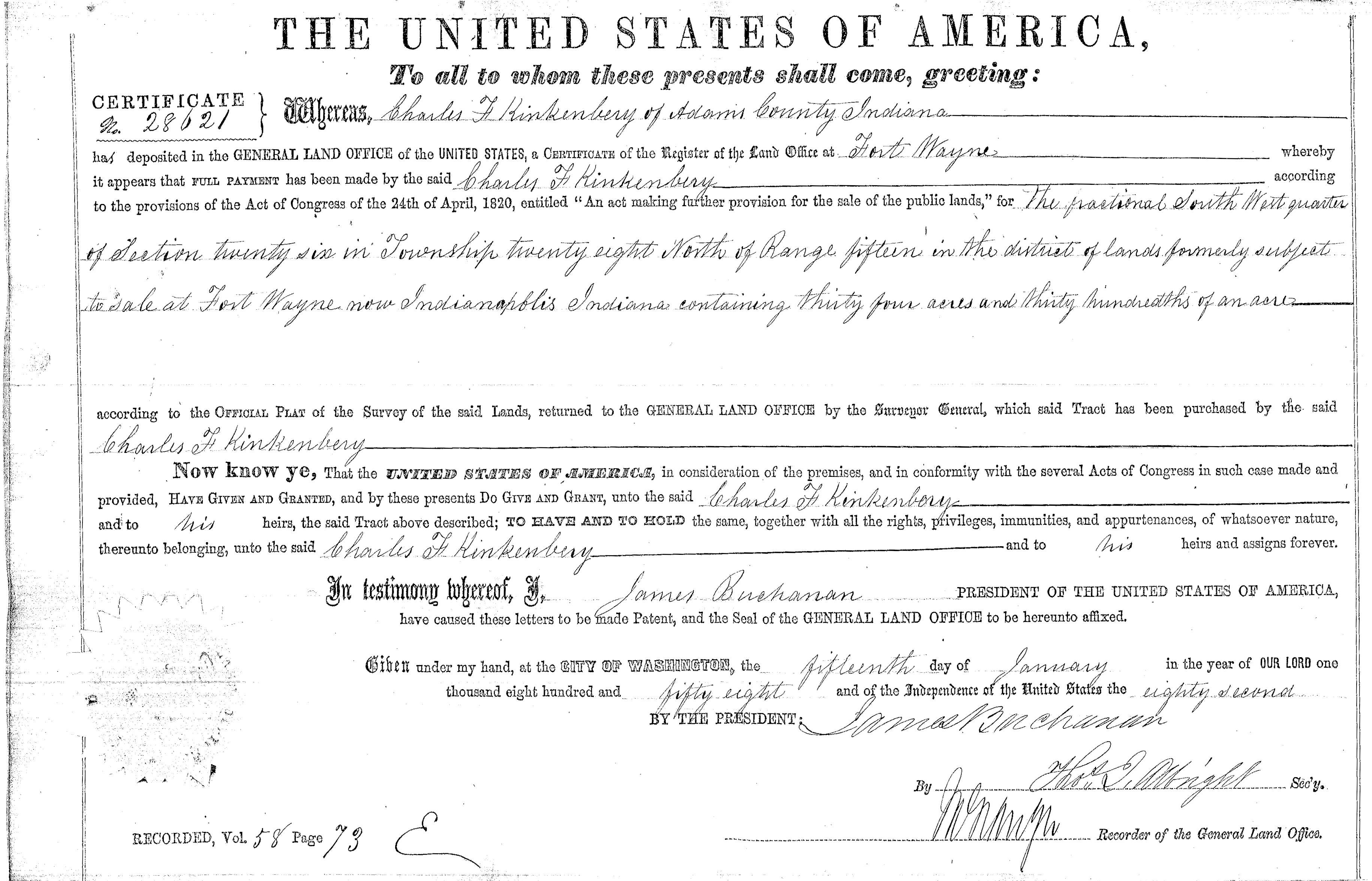 charles f kinkenberry land entry file glo land patent issued 15 january 1858 front