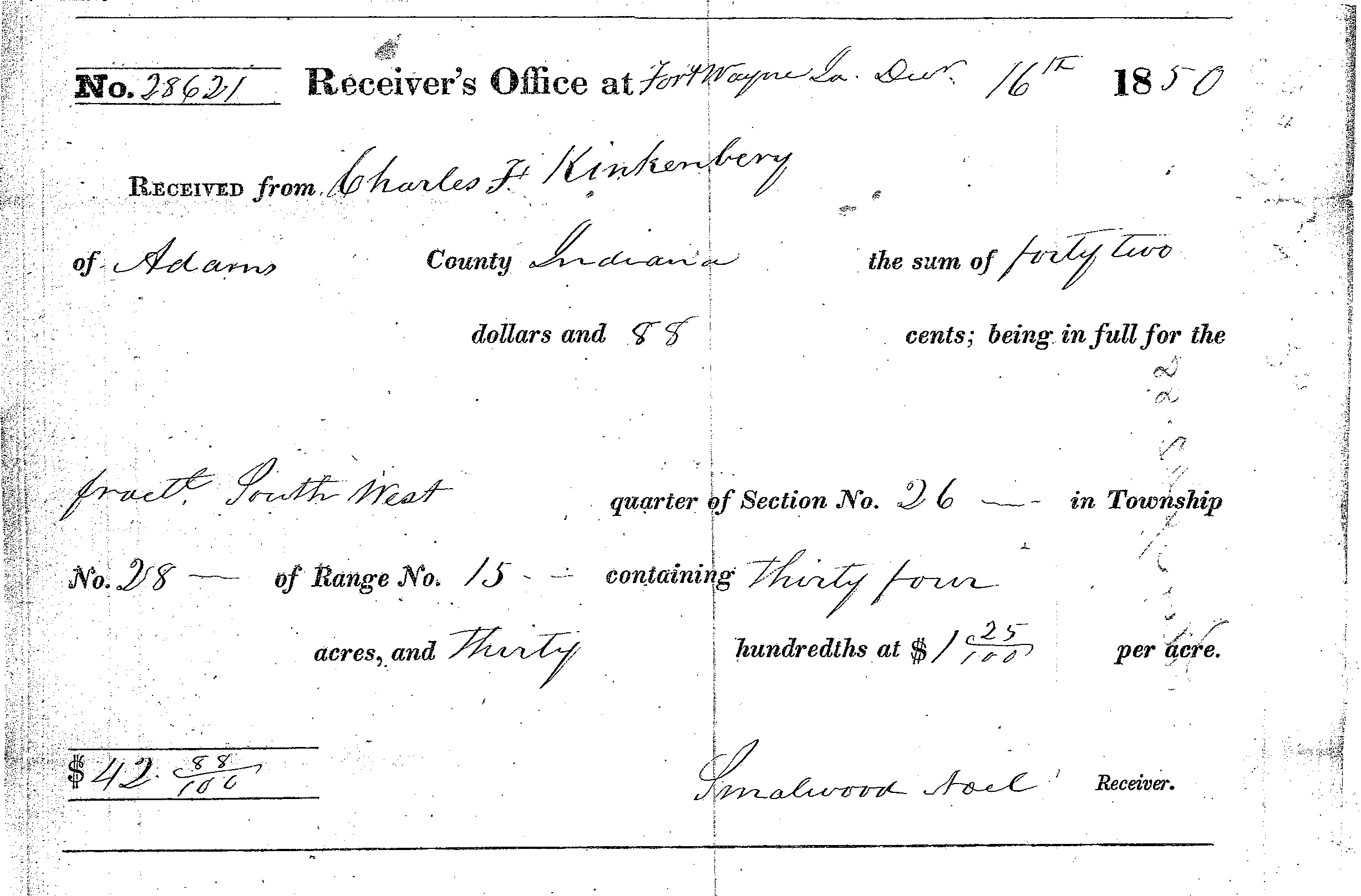 charles f kinkenberry land entry file glo payment receipt from land office receiver