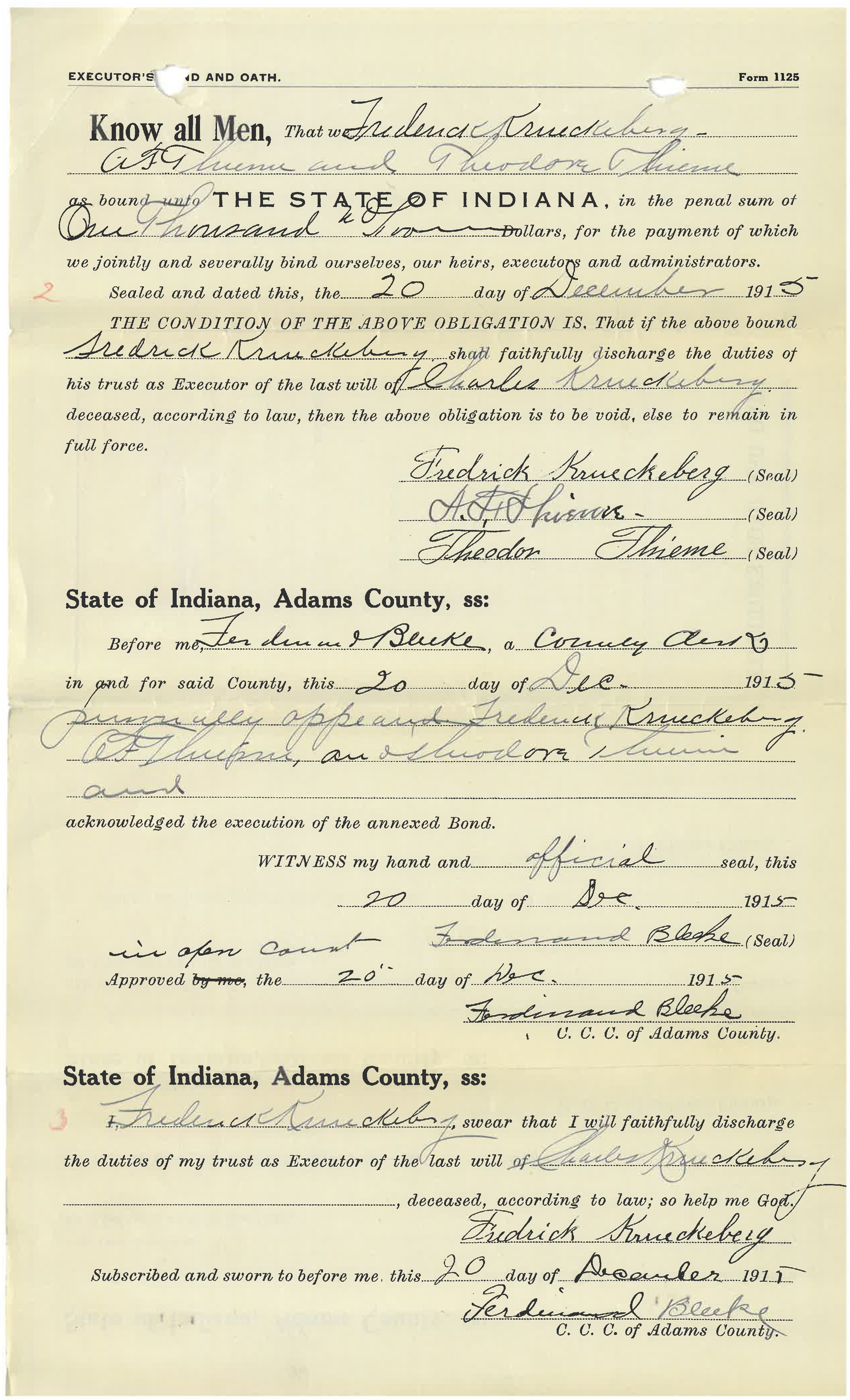 executors oath for charles krueckebergs will 20 december 1915